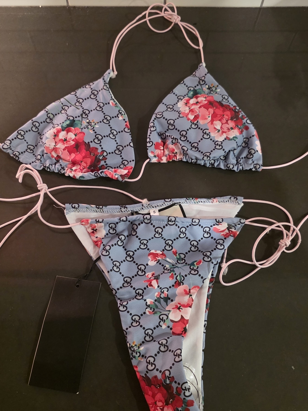 Blue Floral Print String Bikini